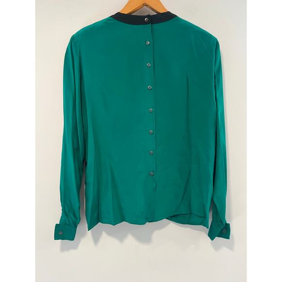 Carlisle 100% Silk Green  Pleated Blouse w Black Contrast Collar Size 8 JL - Picture 6 of 10